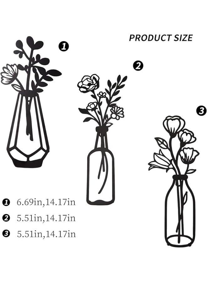 MIRFA Wooden Wall Art With Self Adhesive Base - Black (Flower Vases - Pack of 3) - Image 2